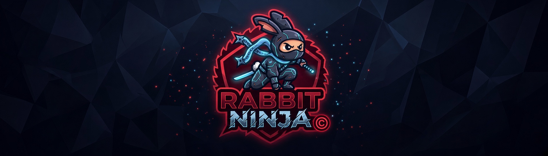 Rabbit Ninja logo — a cartoon ninja rabbit crouched with a katana, on a dark geometric background